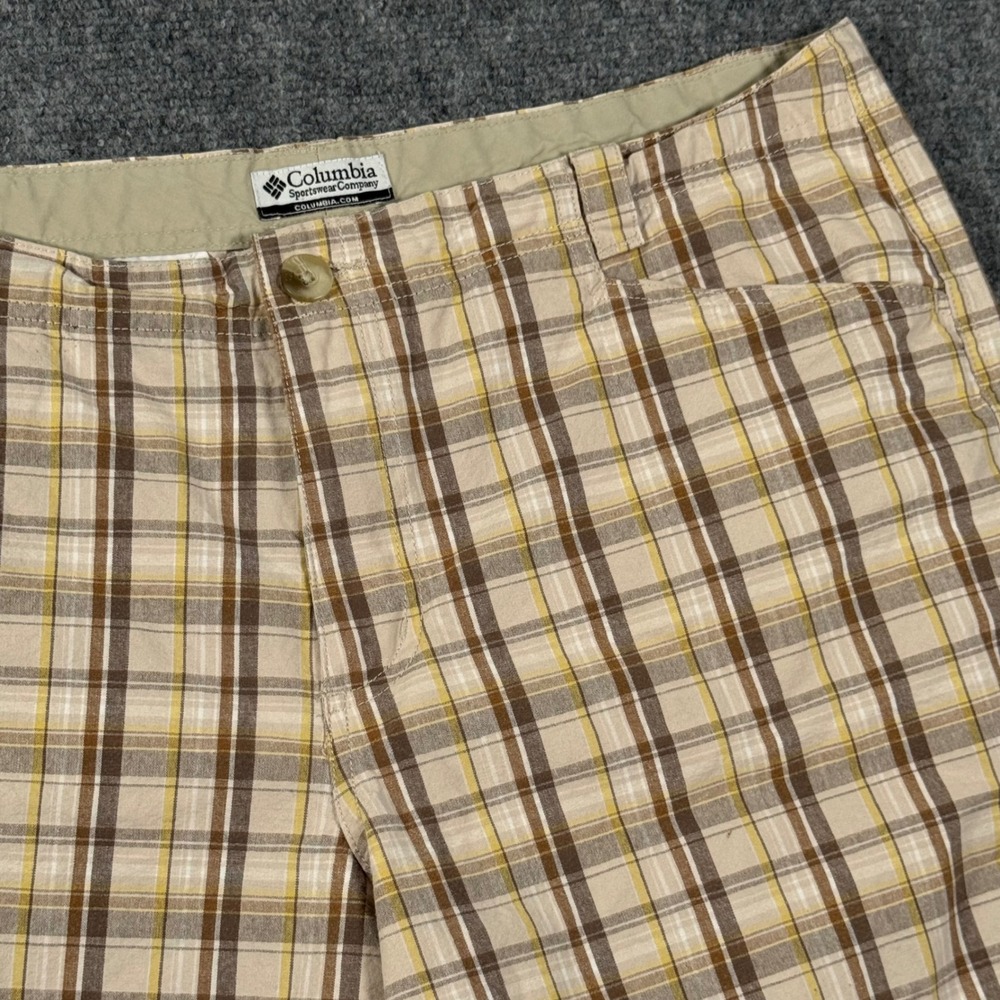 Columbia Plaid Golf Shorts Casual Outdoor Tan Brown Yellow Women 16 preppy retro